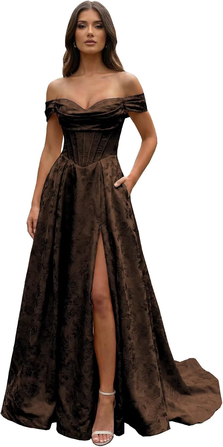 Jacquard Satin Prom Dresses for Women Off the Shoulder Corset A Line Long Formal Evening Gowns