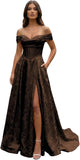 Jacquard Satin Prom Dresses Off the Shoulder Corset A Line Long Formal Gowns