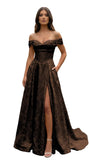 Jacquard Satin Prom Dresses for Women Off the Shoulder Corset A Line Long Formal Evening Gowns