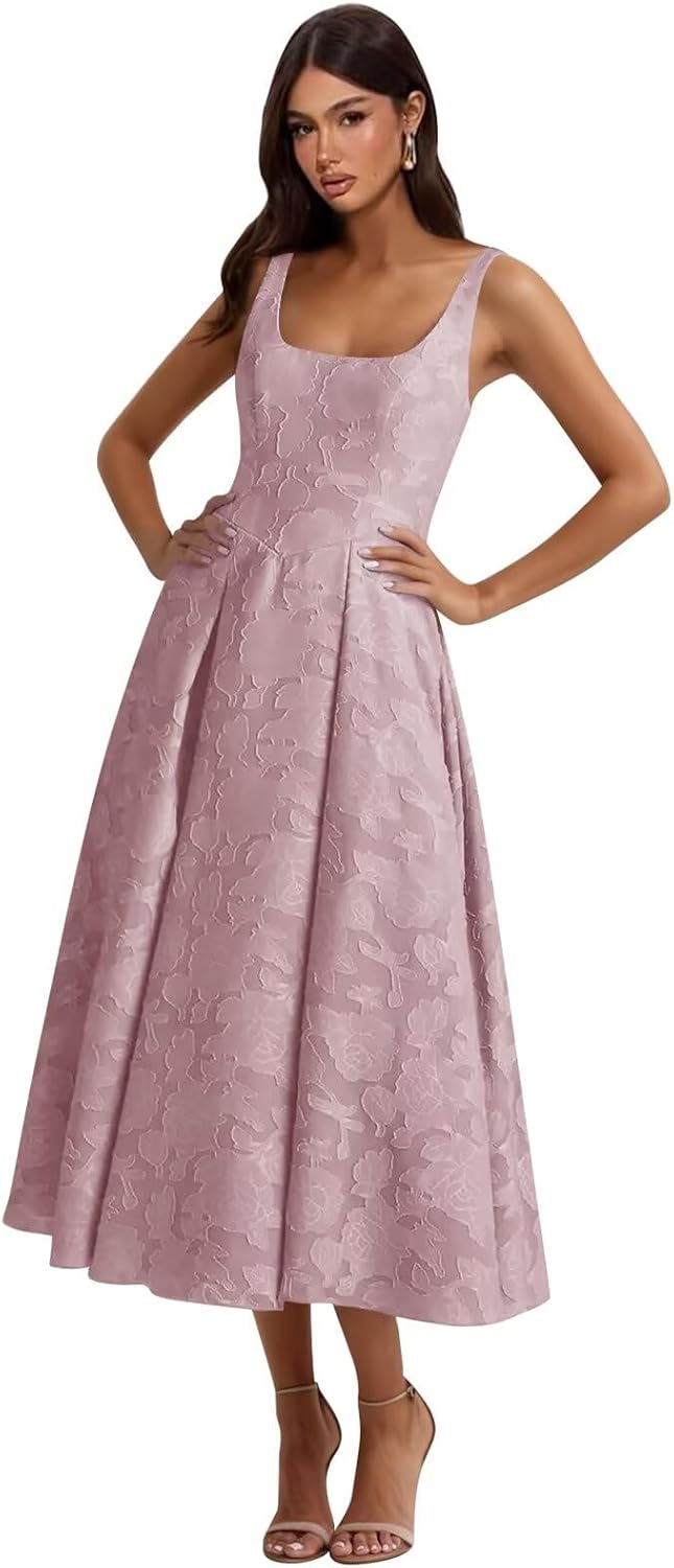 Floral Lace Bridesmaid Dresses for Women Tea Length A Line Pleated Wedding Guest Dress Formal Gown