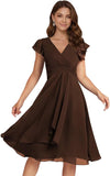 Short Chiffon Bridesmaid Dresses for Women V Neck Flutter Sleeves Ruffle Formal Cocktail Gowns with Pockets