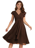 Short Chiffon Bridesmaid Dresses for Women V Neck Flutter Sleeves Ruffle Formal Cocktail Gowns with Pockets