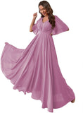 Women's Batwing Sleeve Chiffon Bridesmaid Dresses with Pockets V Neck Long Formal Evening Dress