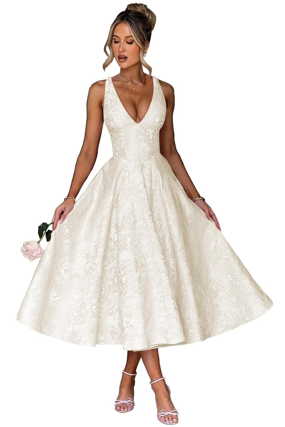 V Neck Tea Length Prom Dress for Women Satin Evening Party Gown A Line Cocktail Dress