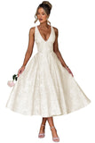 V Neck Tea Length Prom Dress for Women Satin Evening Party Gown A Line Cocktail Dress