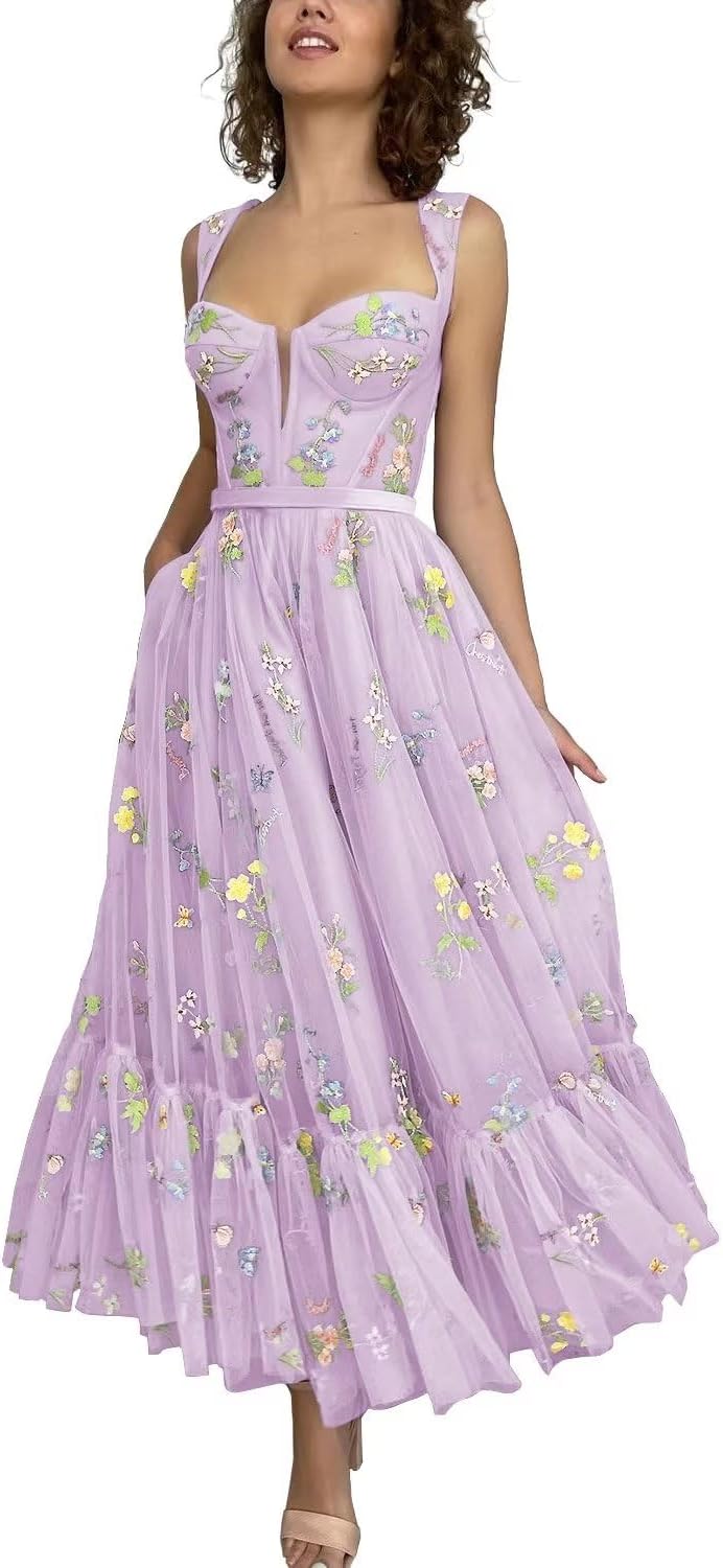 Vestidos de tul con bordado floral para mujer 2024, vestidos formales de fiesta de noche 