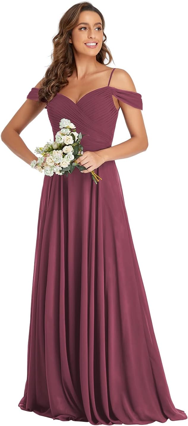 Off The Shoulder Chiffon Bridesmaid Dresses Long Spaghetti Straps A Line Formal Party Dress