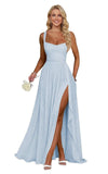 Ruffle Chiffon Bridesmaid Dress Long Square Neck Pleated Formal Gowns with Slit for Women Plus Size Spaghetti Straps Ruffles