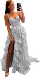 Vestido de fiesta de tul con encaje y capas, tirantes finos y abertura larga, corsé brillante, vestidos formales de fiesta de noche 