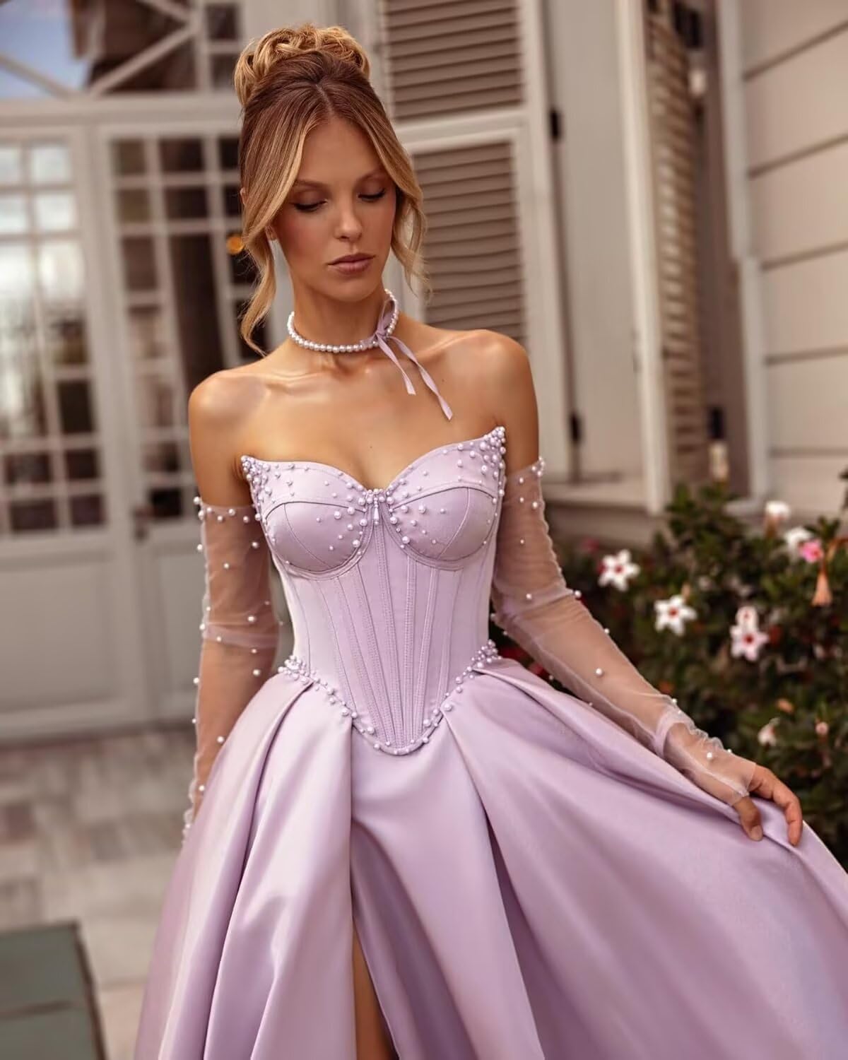 Kingbridal Gowns Strapless Prom Dresses for Women 2026 Long Satin A-line Formal Dress with Slit Beaded Corset Evening Party Gowns