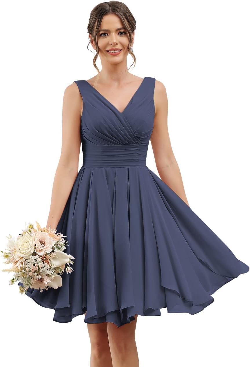 Double V Neck Short Bridesmaid Dresses for Women 2025 Chiffon A Line Formal Evening Gowns with Pockets