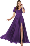Damen Brautjungfernkleider mit Flatterärmeln, lang, mit Schlitz, V-Ausschnitt, Chiffon, formelle Kleider 