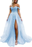 Off The Shoulder Tulle Prom Dress with Laces Applique A-line Slit Long Ball Gowns Glitter Formal Evening Dress