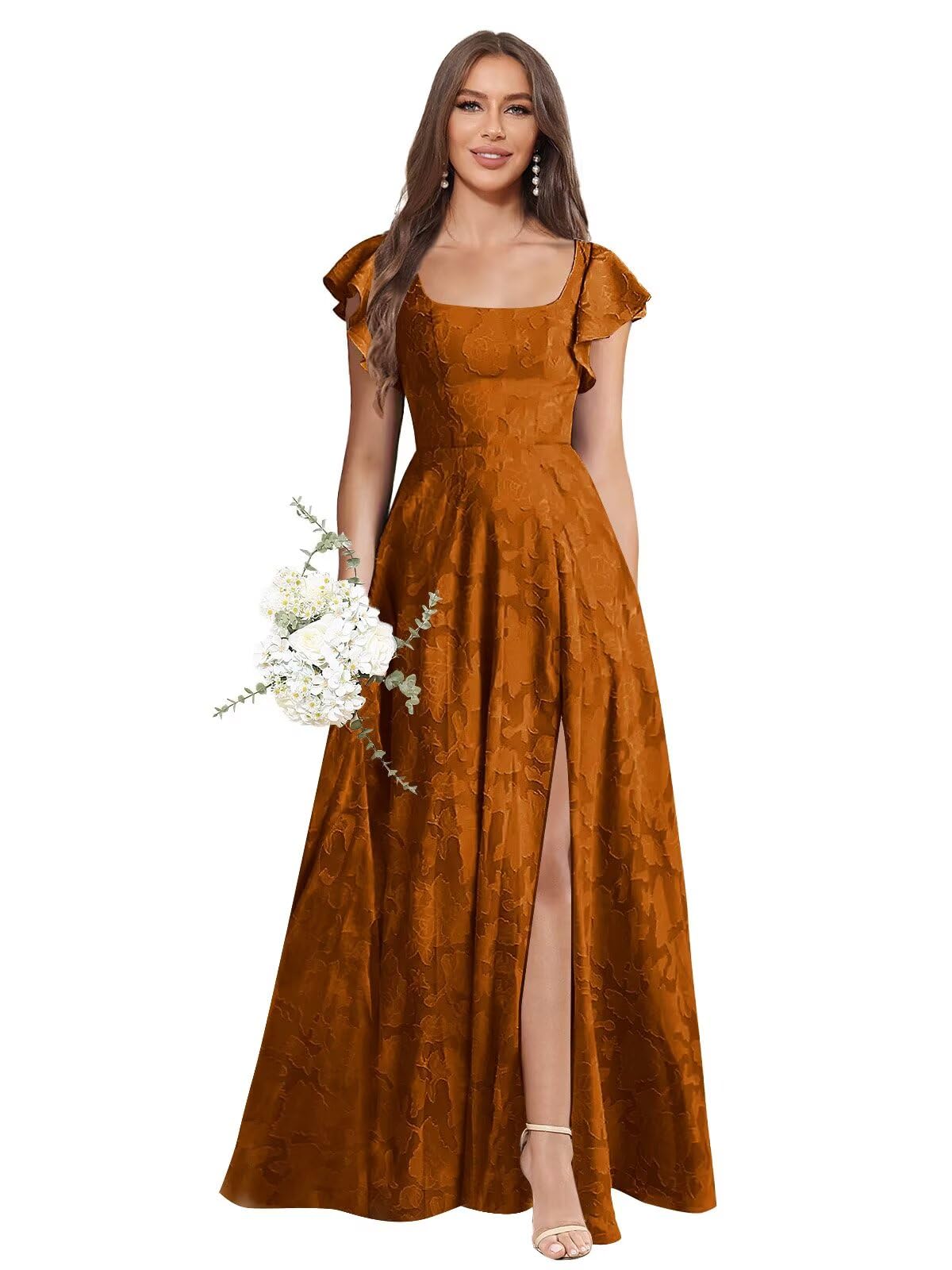 Floral Bridesmaid Dresses for Women Long A-Line Square Neck Lace Formal Evening Gown with Sleeves Slit