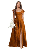 Floral Bridesmaid Dresses for Women Long A-Line Square Neck Lace Formal Evening Gown with Sleeves Slit