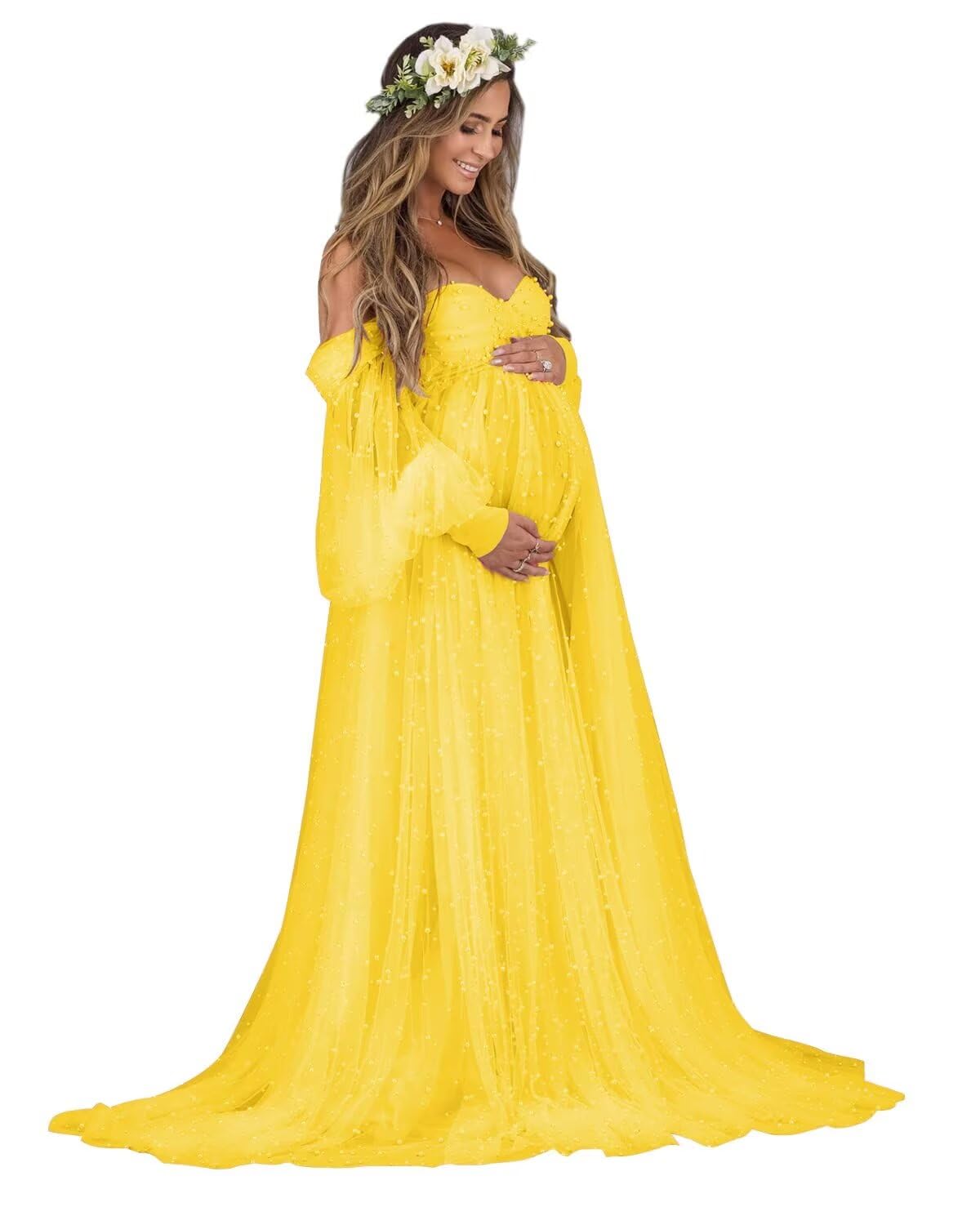 Kingbridal Pearl Tulle Maternity Dress for Photoshoot Long Puffy Sleeve Pregnancy Gown