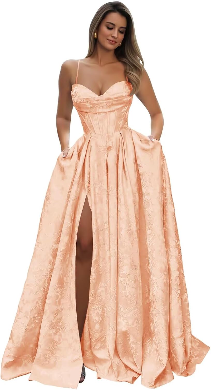 Satin Spaghetti Straps Prom Dresses for Women Jacquard Aline Backless Formal Evening Party Ball Gowns with Pockets
