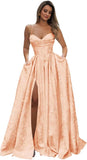 Satin Spaghetti Straps Prom Dresses for Women Jacquard Aline Backless Formal Evening Party Ball Gowns with Pockets