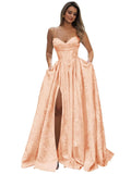 Satin Spaghetti Straps Prom Dresses for Women Jacquard Aline Backless Formal Evening Party Ball Gowns with Pockets