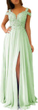 Women's Lace Appliques Prom Dresses Long with Slit Cold Shoulder Formal Party Gown
