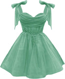 Tulle Short Homecoming Dress for Teens Sparkly Lace DAMA Dresses for Quinceanera Spaghetti Straps Bow Prom Gown