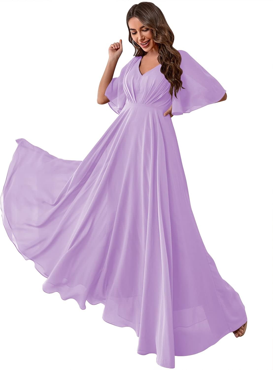 Women's Batwing Sleeve Chiffon Bridesmaid Dresses with Pockets V Neck Long Formal Evening Dress