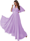 Women's Batwing Sleeve Chiffon Bridesmaid Dresses with Pockets V Neck Long Formal Evening Dress