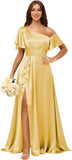 Short Sleeve Satin Bridesmaid Dresses for Women Ruffle One Shoulder Formal Evening Gowns with Slit
