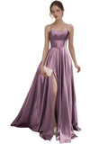 Women's Satin Prom Dresses with Slit Strapless A Line Corset Ball Gowns Spaghetti Straps Formal Evening Gowns with Pockets