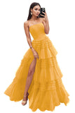 Strapless Tiered Tulle Prom Dresses for Women 2027 Long Sparkly A-Line Formal Evening Party Ball Gowns with Slit