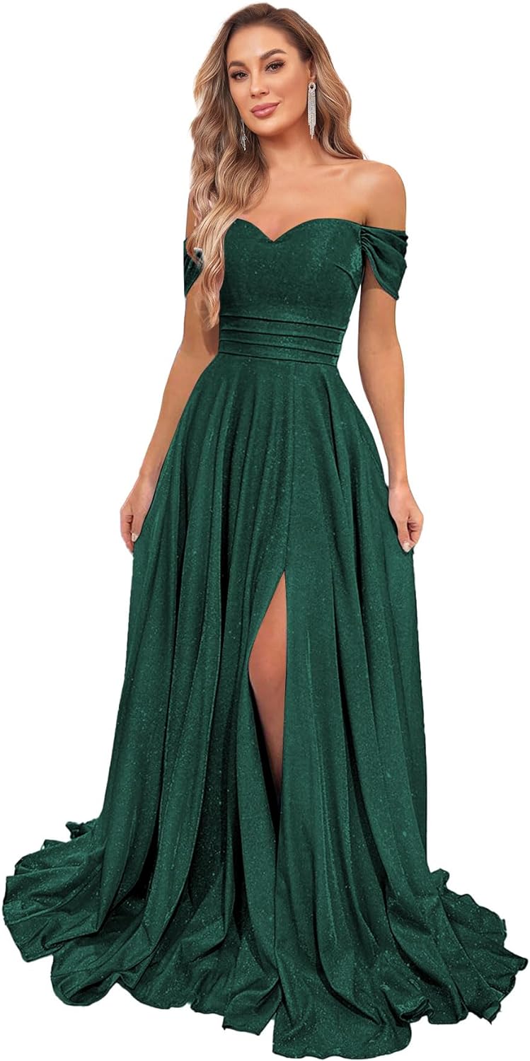 Women's Glittery Prom Dresses Long Ball Gown Off Shoulder High Slit Formal Evening Gowns with Pockets