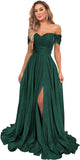 Women's Glittery Prom Dresses Long Ball Gown Off Shoulder High Slit Formal Evening Gowns with Pockets