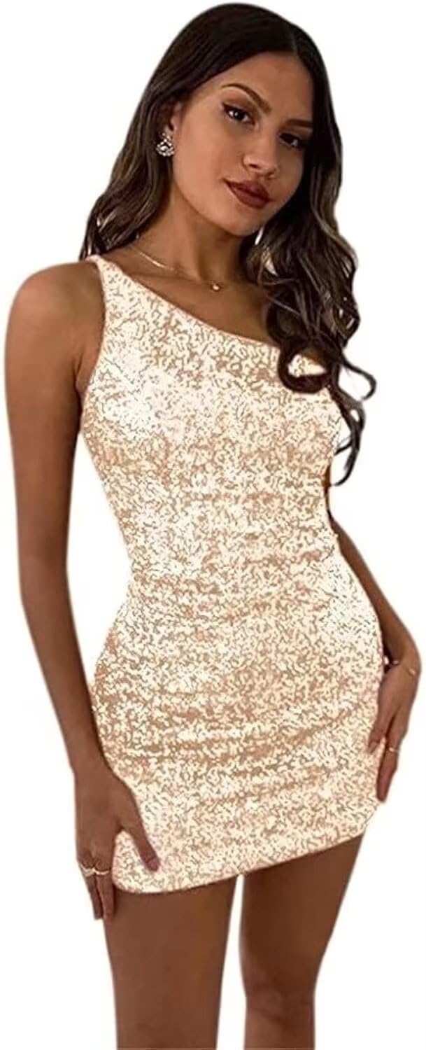 Women's Bodycon Homecoming Dress for Juniors Sequin One Shoulder Backless Mini Cocktail Party Dress