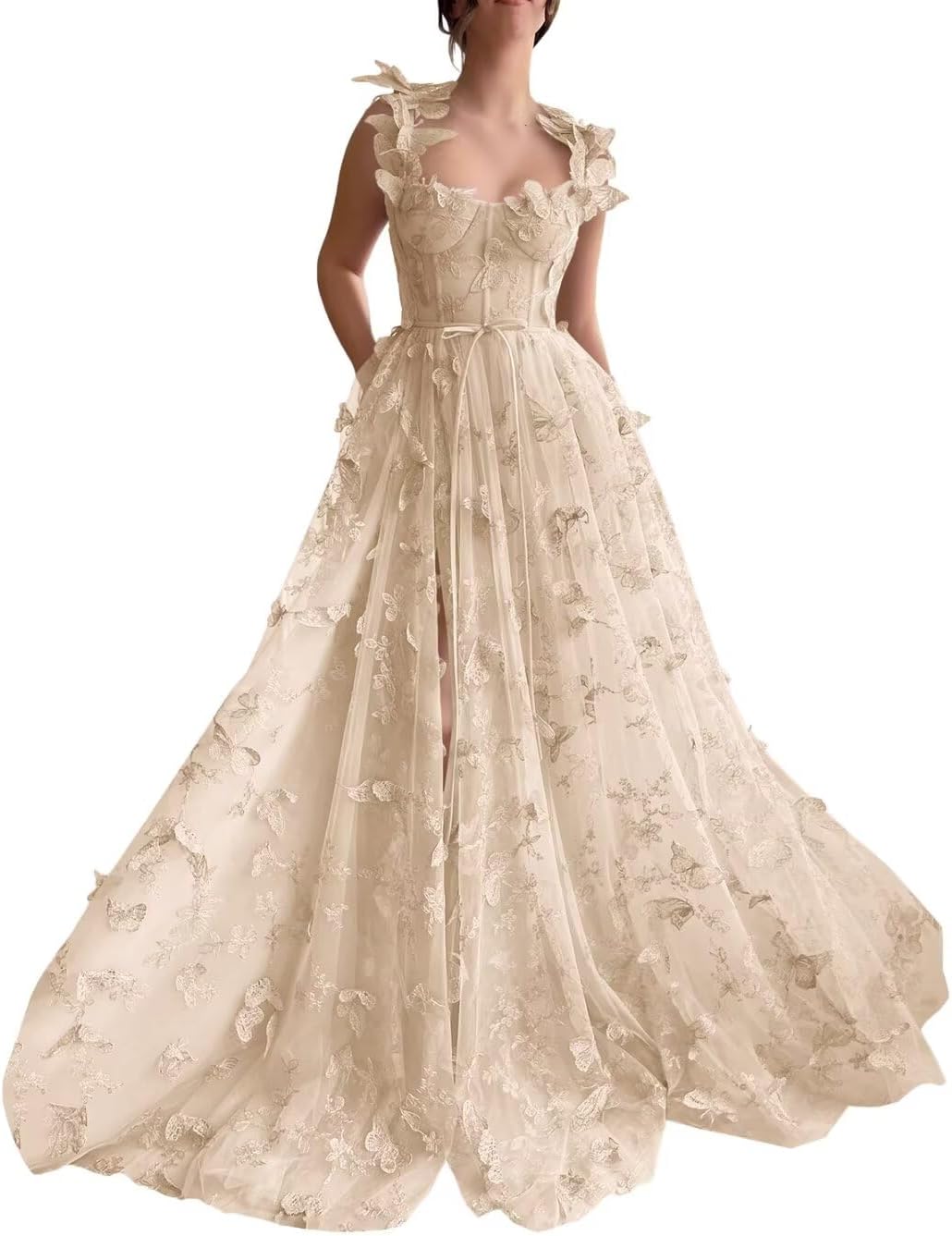 Vestidos de fiesta largos de tul con mariposas 3D para adolescentes, vestidos de fiesta formales de noche bordados con abertura 