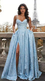 Jacquard Satin Spaghetti Straps Prom Dresses for Women Aline Backless Formal Evening Party Ball Gowns with Pockets