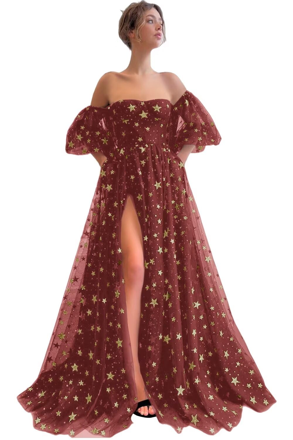 Off Shoulder Sparkly Tulle Long Prom Dress A Line for Women Formal Evening Dresses