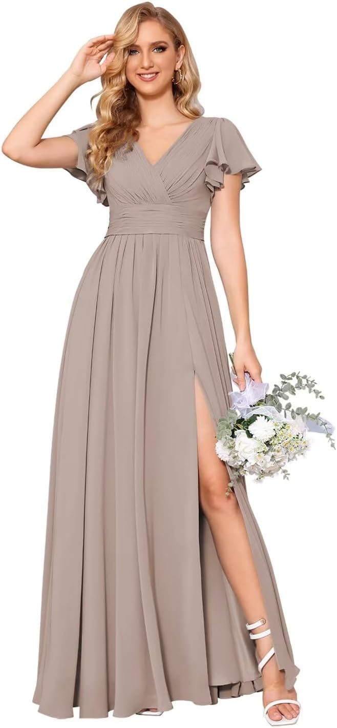 Flutter Sleeves Split Bridesmaid Dresses with Slit Long V Neck Empire Waist Formal Dress for Women Wedding
