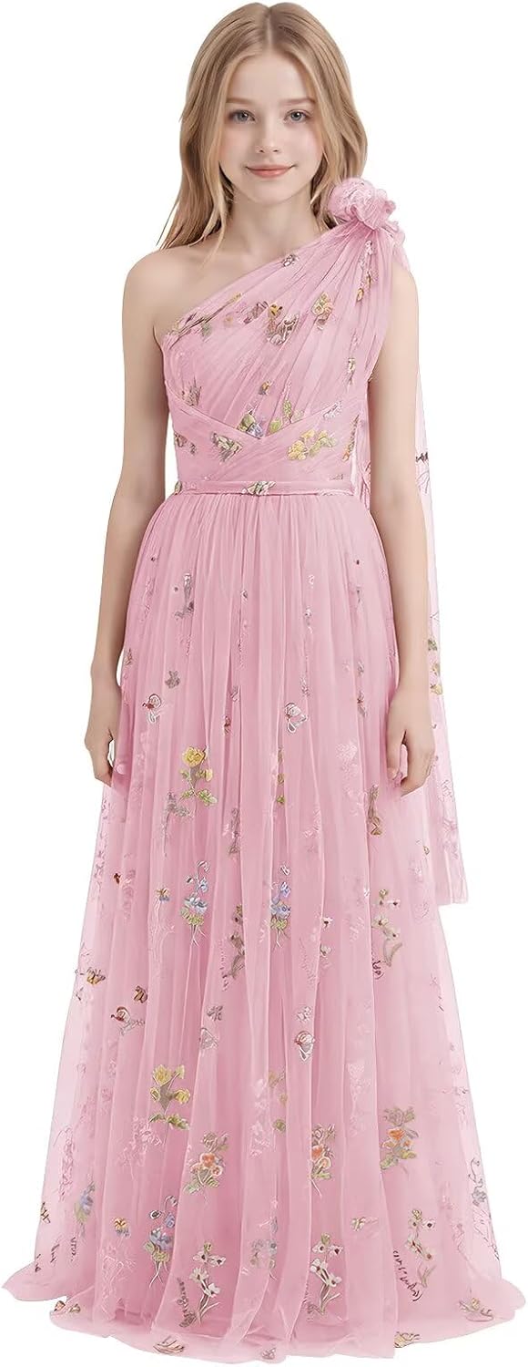 One Shoulder Long Tulle Junior Bridesmaid Dresses for Wedding Flower Girl Dress Formal Prom Gown