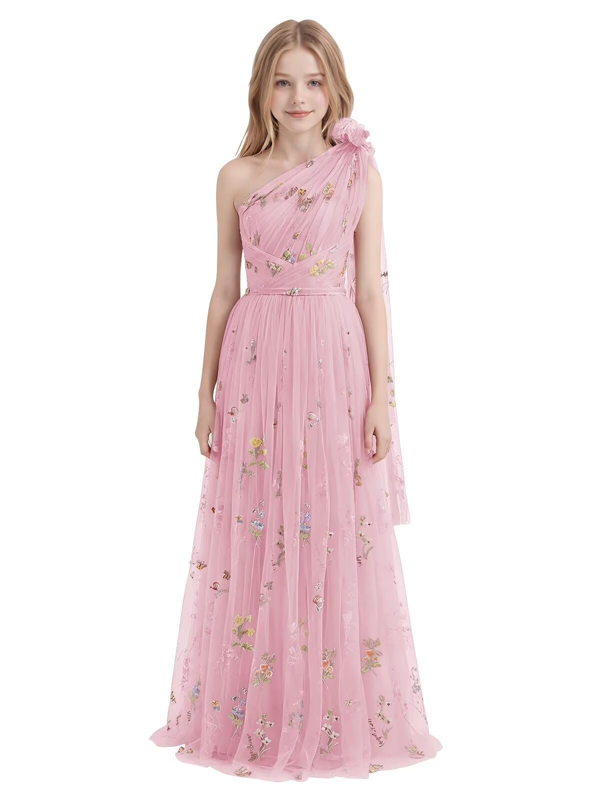 One Shoulder Long Tulle Junior Bridesmaid Dresses for Wedding Flower Girl Dress Formal Prom Gown