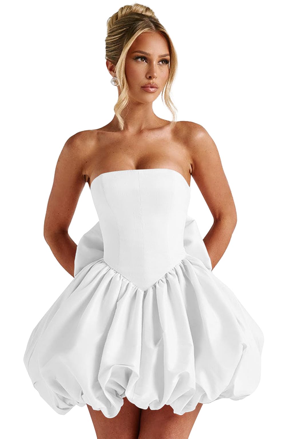 Satin Flower Bud Homecoming Dress Short Prom Dress with Bow Strapless A Line Mini Cocktail Party Gown