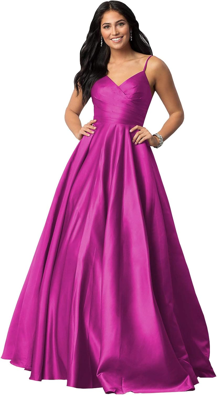 Women's Spaghetti Straps Satin Prom Dresses with Pockets V Neck Pleated Formal Evening Ball Gowns