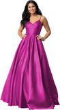 Women's Spaghetti Straps Satin Prom Dresses with Pockets V Neck Pleated Formal Evening Ball Gowns