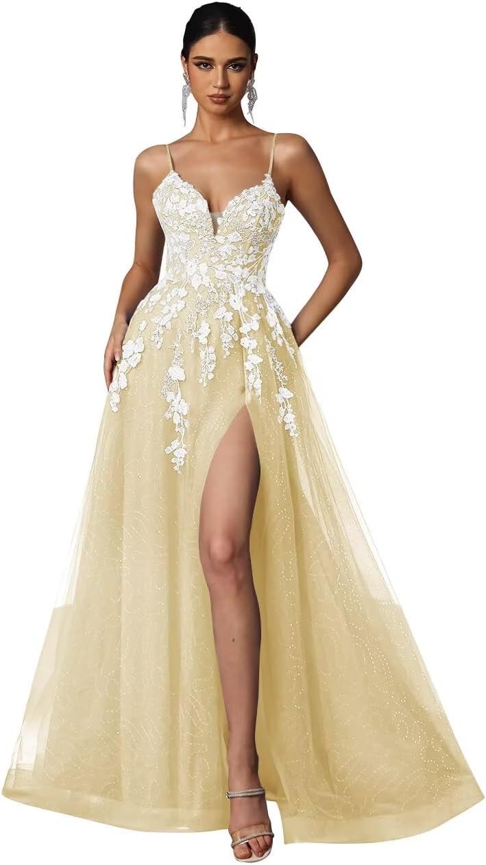 Tulle Prom Dresses 2027 Puffy Ball Gown for Women Formal V Neck Lace Appliques Evening Gown with Slit Long Homecoming Dress