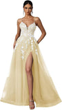 Tulle Prom Dresses 2027 Puffy Ball Gown for Women Formal V Neck Lace Appliques Evening Gown with Slit Long Homecoming Dress
