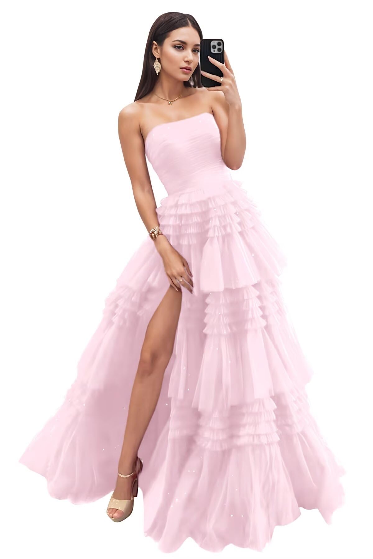 Strapless Tiered Tulle Prom Dresses for Women 2027 Long Sparkly A-Line Formal Evening Party Ball Gowns with Slit