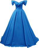 Off Shoulder Satin Prom Dresses for Women V-Neck Elegant A-Line Long Pleated Formal Evening Gown