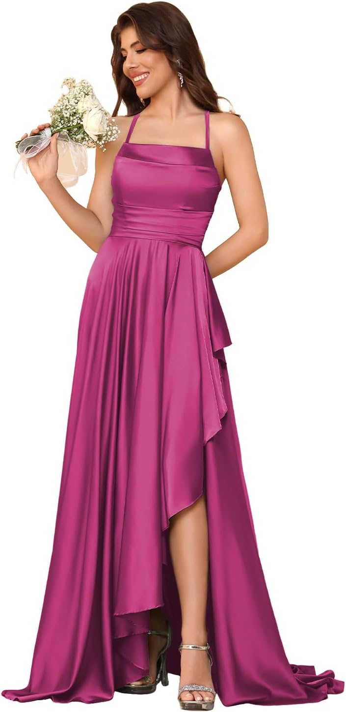 Women's Long Satin Bridesmaid Dresses Spaghetti Strap Halter Formal Evening Gown Ruffle High Low Wedding Guest Dress