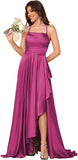 Women's Long Satin Bridesmaid Dresses Spaghetti Strap Halter Formal Evening Gown Ruffle High Low Wedding Guest Dress
