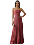 Strapless Prom Dresses for Women Long A Line Cocktail Dress Pleated Chiffon Formal Wedding Guest Dress