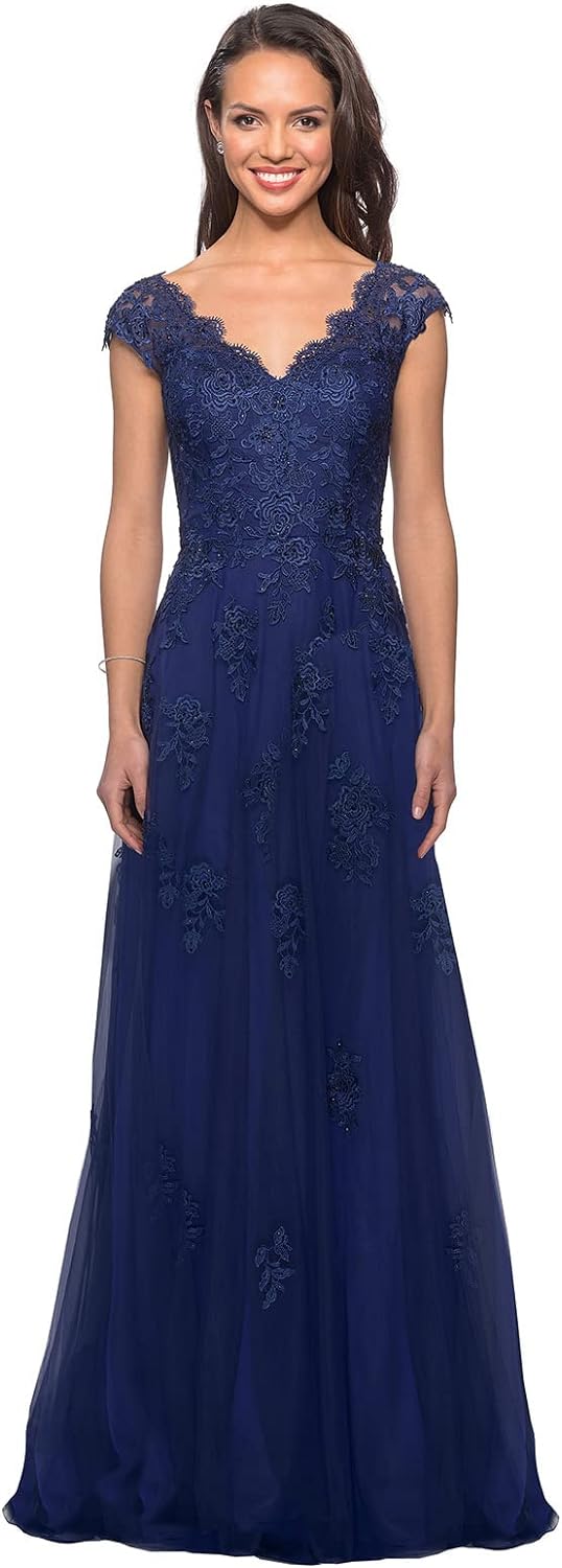 Women's V Neck Cap Sleeves Mother of The Bride Dresses Long Lace Formal Prom Evening Gowns with Pockets